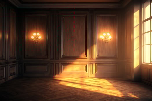 An empty room with wooden paneling and a window photo