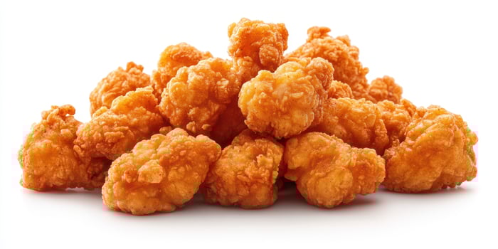 Crispy golden chicken pieces piled high on a clean surface during a vibrant gathering in the afternoon sunlight photo