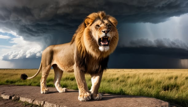 Roaring Lion Against Dramatic Stormy Sky in African Savanna photo