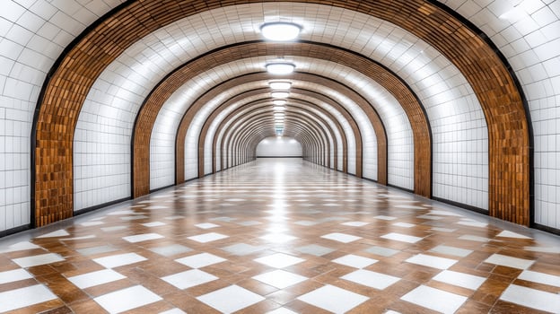 A long tunnel with a white and brown tile floor photo