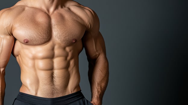 A man with no shirt on showing off his abs photo