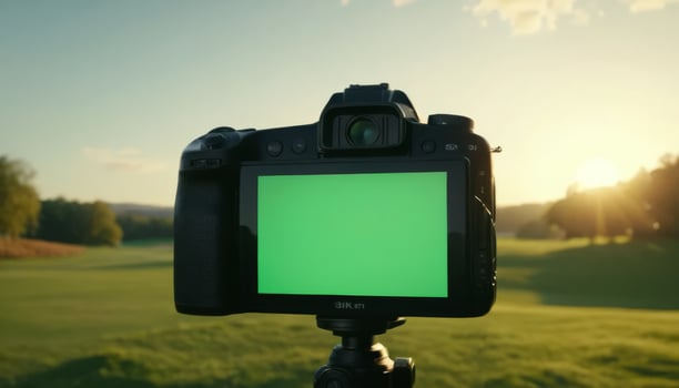 Camera with Green Screen on Tripod at Sunset photo