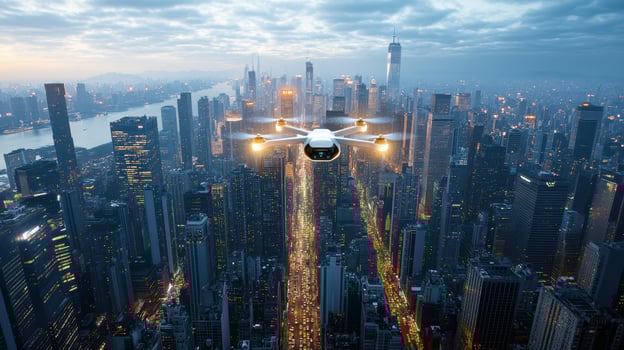Drone flying over city at dusk photo