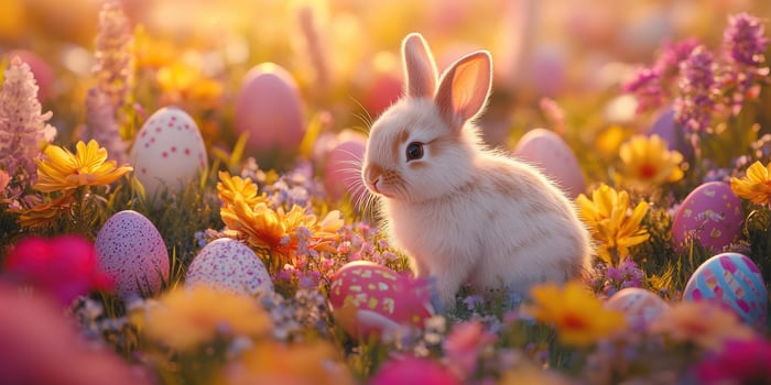 Cute rabbit surrounded by colorful Easter eggs and flowers during a sunny spring afternoon in a vibrant meadow photo