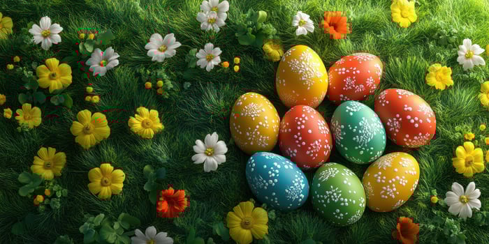 Colorful decorated Easter eggs surrounded by vibrant flowers on green grass during spring season photo