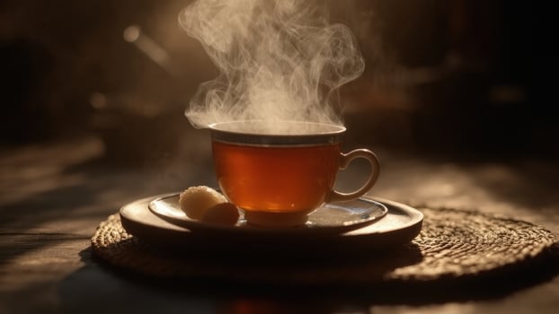 A warm and inviting scene of a cup of freshly brewed tea, emitting a fragrant steam, sitting on a table, accompanied by a biscuit photo