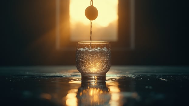 The moment captured a transparent glass, filled with effervescent liquid, is being filled with a mysterious liquid in the warm light. photo