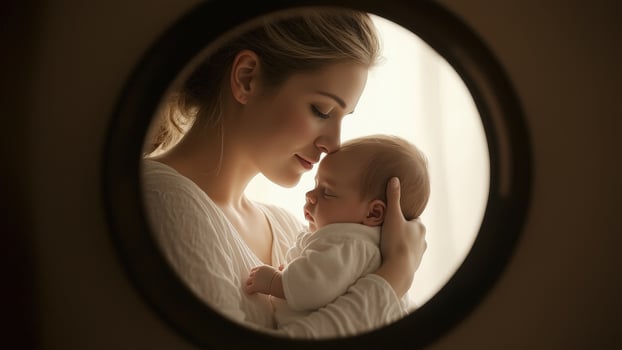 A loving mother cradles her newborn baby in a gentle embrace, captured through a circular frame, a heartwarming scene radiating warmth and maternal affection. photo
