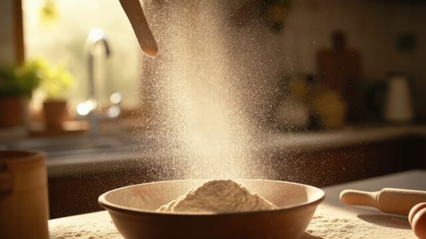 Captured in a close-up shot, a cloud of flour descends gracefully into a bowl on a wooden surface, ready for culinary artistry. photo