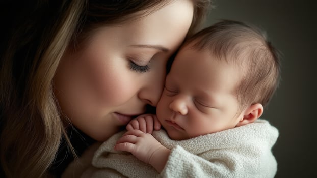 A tender moment captured, showcasing a loving mother cradling her newborn baby. This heartwarming scene evokes feelings of love, protection, and the beginning of a new life. photo
