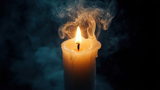 A single candle flame casts a warm, flickering glow, wisps of smoke swirling gently against a dark backdrop, evoking feelings of solemnity and introspection. photo