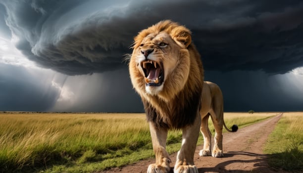 Majestic Lion Roaring During a Stormy Savanna Sunset photo