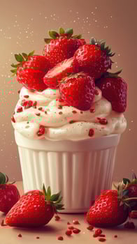 Delicious strawberry cupcake topped with fresh strawberries and cream set against a soft background photo