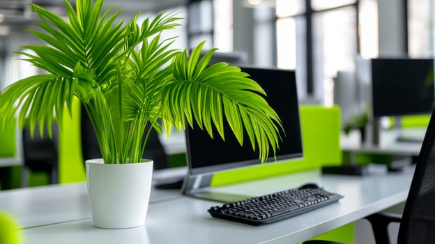 Explore the refreshing aesthetics of a modern office space, where vibrant green plants seamlessly blend with sleek workstations, fostering a productive and calming environment Discover how these photo