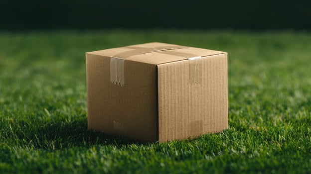 Plain cardboard box positioned on lush green grass in outdoor setting, capturing simplicity and nature photo