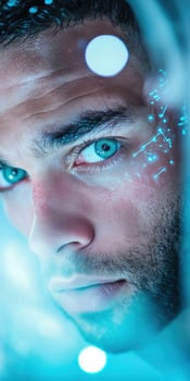 Futuristic Digital Interface with Human Face and Cyber Aesthetic photo
