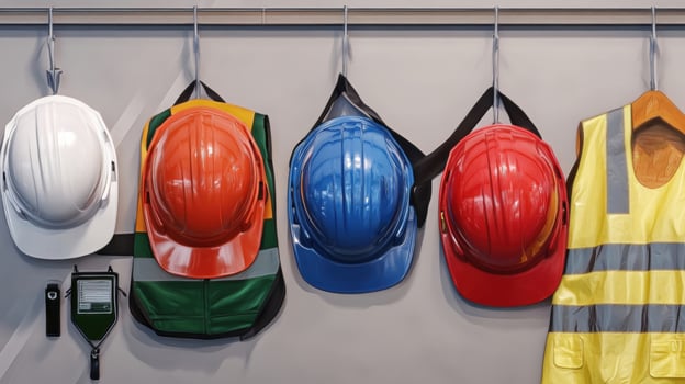 Colorful Hard Hats and Safety Gear Hanging on Wall photo
