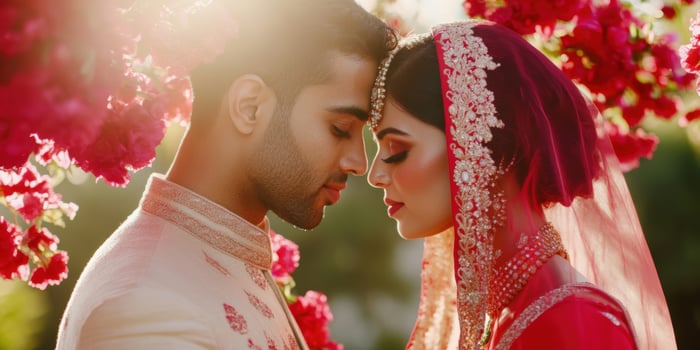 Romantic Couple Embracing in Traditional Wedding Attire Surrounded by Pink Blossoms photo