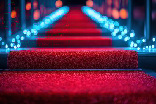 Red carpet on the stairs with metal railings and neon lighting. Concept of a music or film festival. Generated by artificial intelligence photo