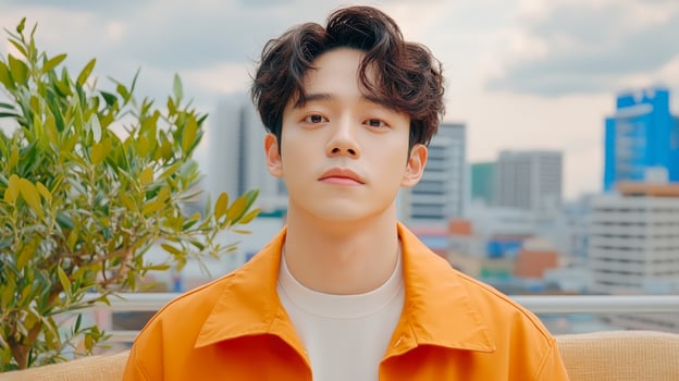 Portrait of a Young Man with Curly Hair in an Urban Setting, Featuring Rooftop View and Cityscape Backdrop This photo captures the youthful energy and confident gaze of the subject, blending elements