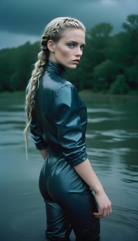 A woman with long hair standing in water photo