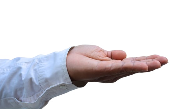 Men's empty white hands. Isolated arm holds palm, open fingers up taking sign. Give effort to show human objects, close the side of the young wrist. Space man, one precise detail captures clear help photo