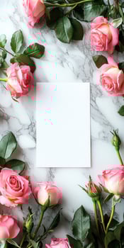 Elegant greeting card mockup with pink roses on marble background photo