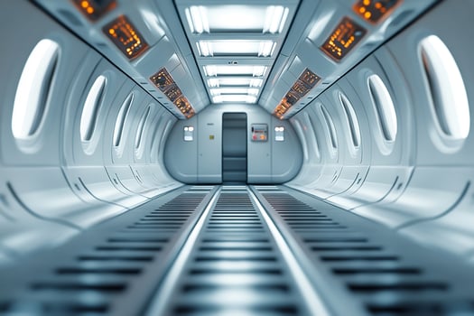 Space station and electronic technology concept. Interior inside the space station. Corridor, portholes and door. photo
