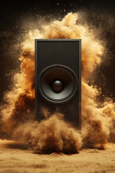 Dynamic speaker surrounded by explosive sand cloud in artistic composition photo