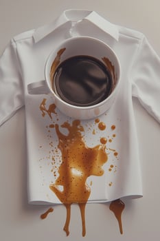 Coffee cup spill on a white shirt with mug and brown stains photo