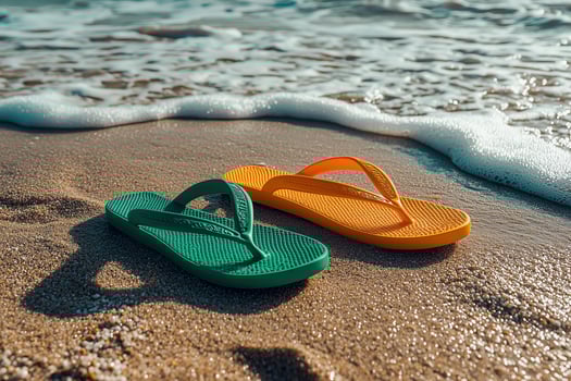 Colorful green and orange flip flops on sandy beach next to gentle ocean waves photo