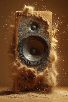 Dynamic speaker exploding with dust and particles in a creative conceptual composition photo