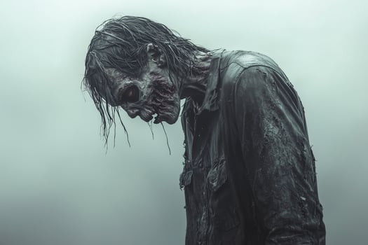 Creepy zombie with disheveled hair and decaying skin in a foggy atmosphere photo