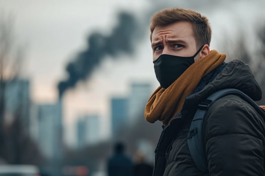 Man with a mask in urban environment amidst air pollution smog photo