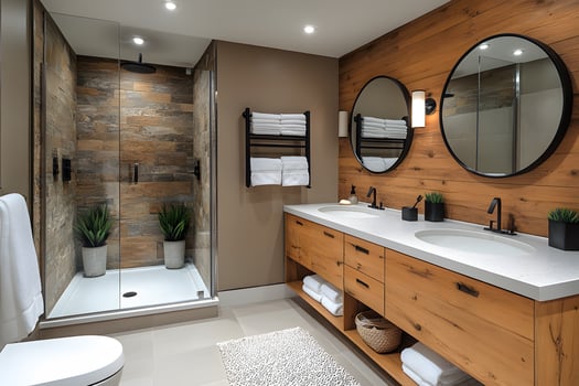 Modern Rustic Bathroom Design with Double Vanity and Walk-in Shower for Home Interiors photo