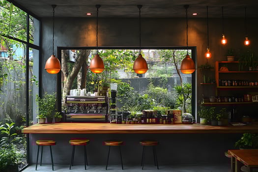 Cozy Modern Cafe Interior with Wooden Accents and Warm Lighting photo