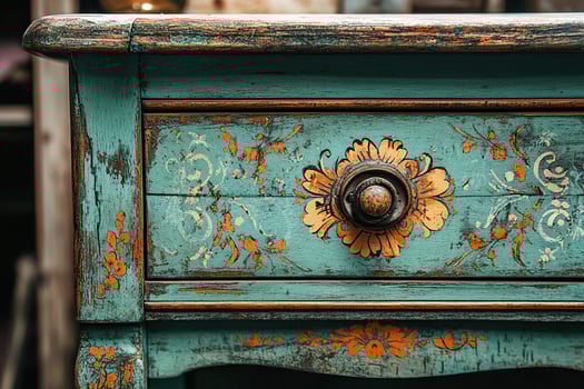 Close-up of a turquoise restored chest of drawers. Furniture restoration business. photo