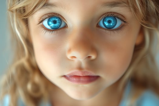 Close-up of a young girl with striking blue eyes and tousled blonde hair, conveying innocence and curiosity. photo