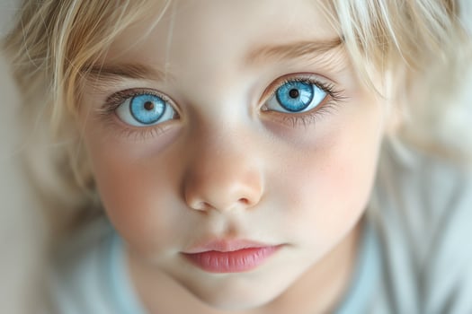 Close-up portrait of a young White girl with striking blue eyes and soft blonde hair, gazing thoughtfully. photo