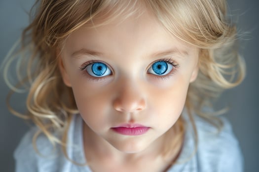 A close-up portrait of a young girl with curly blonde hair and striking blue eyes, conveying innocence and curiosity. photo