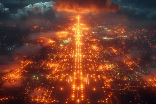 Aerial View of Illuminated Cityscape with Dramatic Sunset Sky and Glowing Streets photo