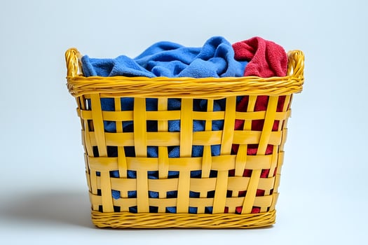 Colorful Laundry Basket with Blue and Red Towels for Home Organization and Decor photo