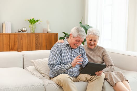 call. Happy senior couple woman man with tablet having call. Mature old grandmother grandfather talking speaking online. Older generation modern tech usage. Virtual meeting online chat photo