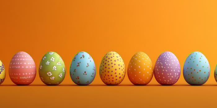 Colorful decorative eggs lined up against a vibrant orange background for festive celebration photo