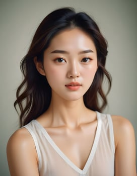Korean girl with soft skin and graceful features, photographed on plain background photo
