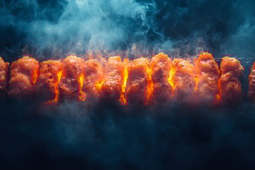 Grilled Meat Skewers in Smoky Flames - Perfect for BBQ Enthusiasts and Culinary Design photo