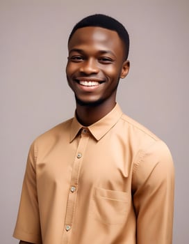 Brightly smiling Nigerian male in a fashionable ensemble, offering a confident expression, against a simple background photo