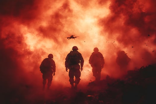 Dramatic Military Operation Scene with Soldiers and Drone in Fiery Smoke photo