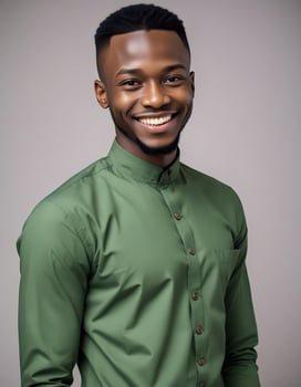 Nigerian male model in trendy fashion, radiating positivity with a smile, posed against a plain background photo