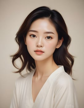 Elegant and serene Korean girl with soft skin and delicate features, set against plain backdrop photo